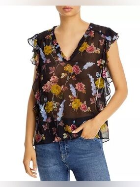NEW w/Tags PAIGE Genie Black Silk Sheer Floral Ruffle V-Neck Blouse Size XL